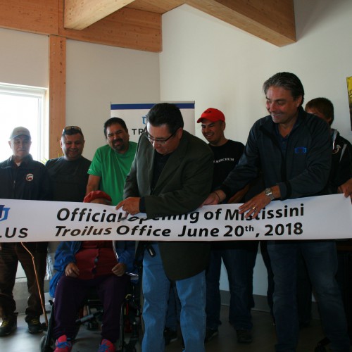 Deputy Chief, Gerald Longchap Cutting the Banner at the Troilus Office Opening in Mistissini &ndash; 2018