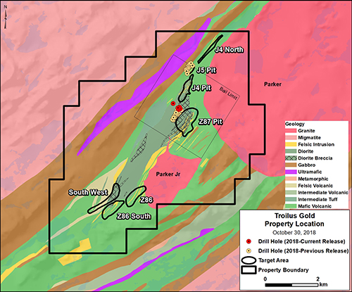 Geologic plan map showing location of main target across TLG land package