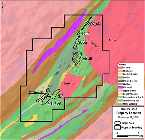 Geologic plan map showing location of main target across TLG land package