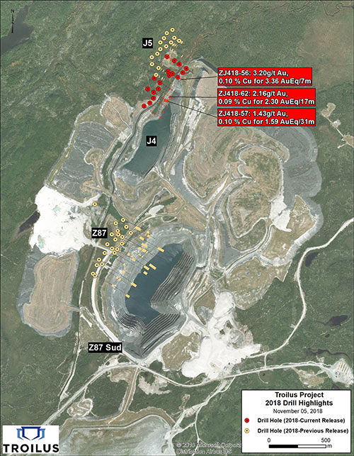 Property plan map showing location of significant drill results
