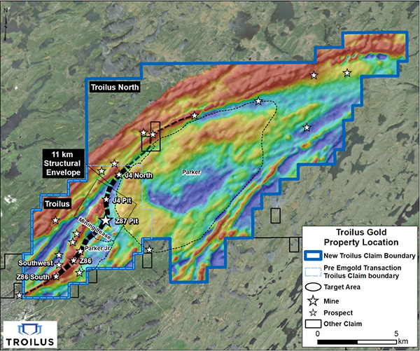 Figure 3: Airborne magnetics showing distinct magnetic low associated with mineralization at Troilus, and the trend along Parker Pluton