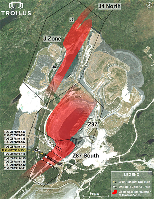 Plan view of Main Mineralized Zones and Drill Hole Collars and Traces in Z87 South