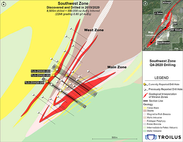 Location of New Drill Hole Results in the Southwest Zone