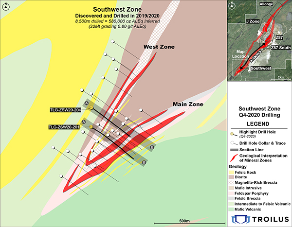 Figure 1: New Drill Hole Locations in the Southwest Zone