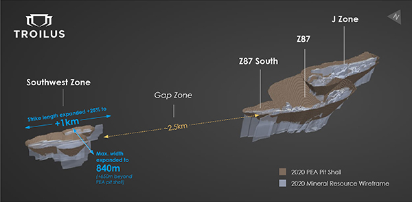 Figure 2 - 3D Model of Troilus Mineral Zones and PEA Pit Shells