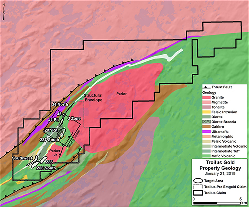 Troilus Property Geology,  Claim Contour and Mineral Zones </p>
  <p><strong>Southwest Zone